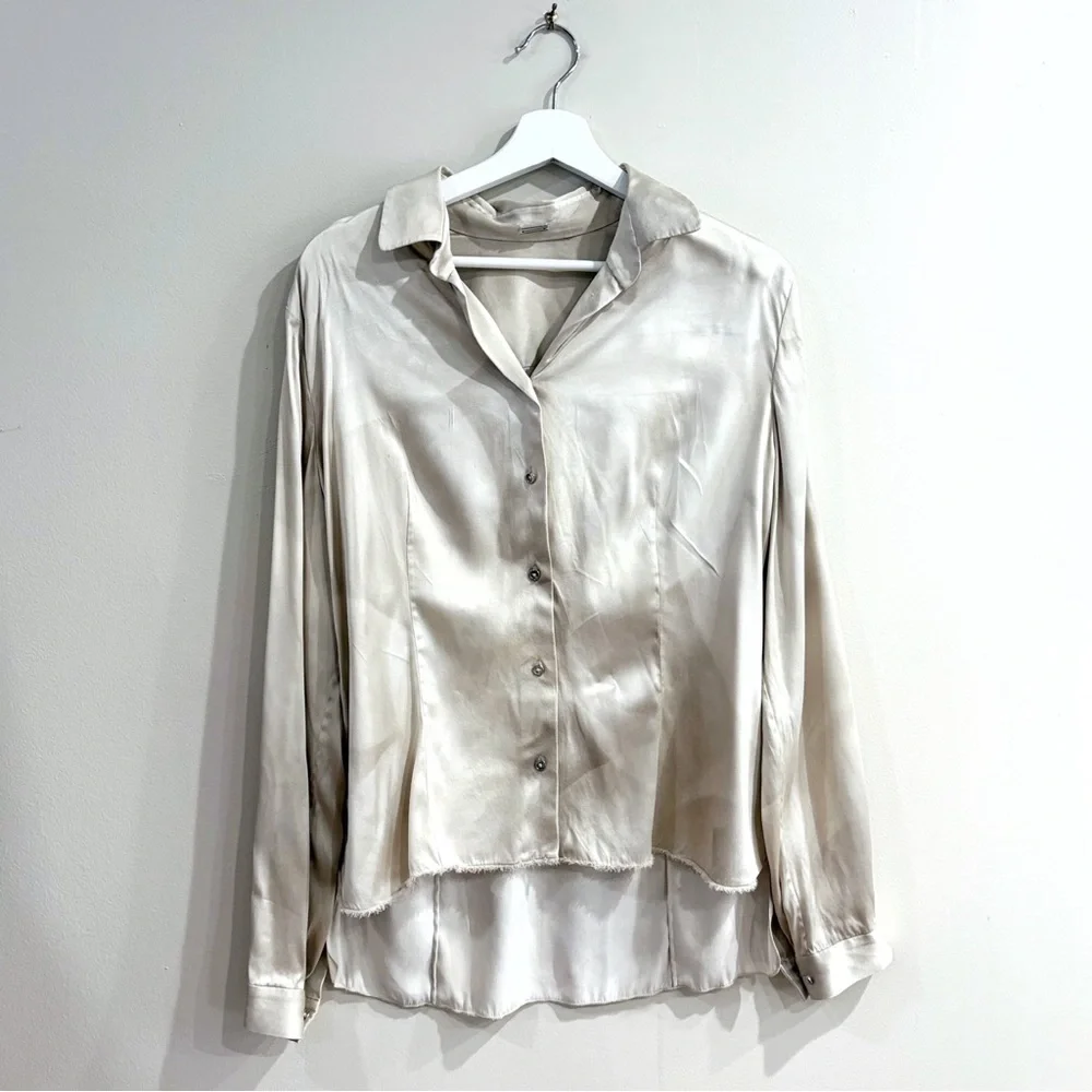 Elie Tahari Women Silk Blouse S Ivory Abstract Print Fringe High-Low Quiet Luxur - Picture 2 of 11